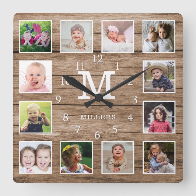 Custom 12 Photo Collage Family Name Monogram Wood Square Wall Clock (Front)