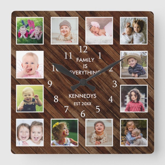 Custom 12 Photo Collage Family Quote Barn Wood Square Wall Clock (Front)