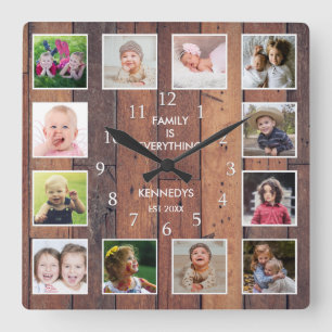 Custom 12 Photo Collage Family Quote Pallet Wood Square Wall Clock