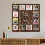 Custom 12 Photo Collage Family Quote Pallet Wood Square Wall Clock<br><div class="desc">Create your own photo collage wall clock with 12 of your favourite pictures. The photo frame clock helps you treasure your special moments and also makes a thoughtful gift for parents, grandparents and friends. The personalized family clock makes it a perfect gift for all occasions. Personalize with family name and...</div>