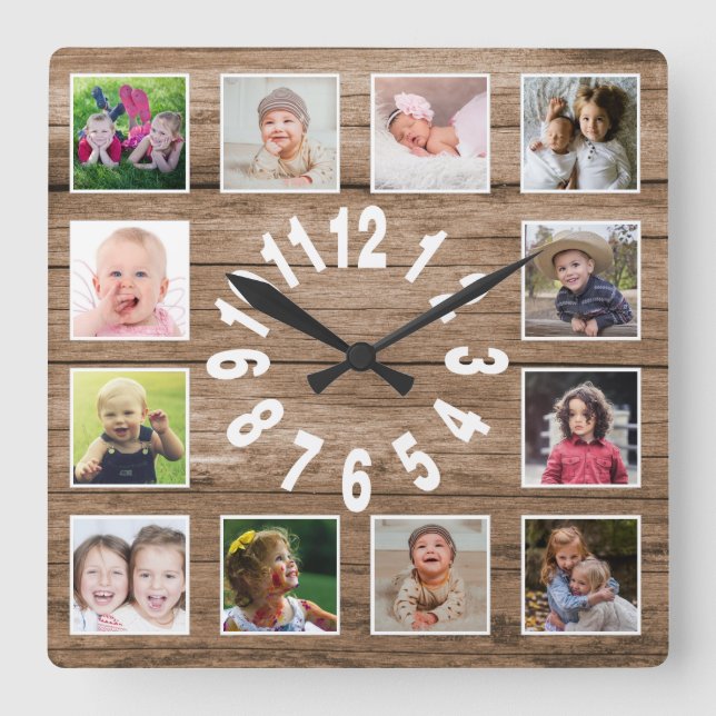 Custom 12 Photo Collage Frame Reclaimed Wood Square Wall Clock (Front)