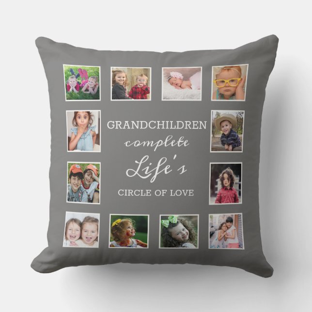 Custom 12 Photo Collage Grandchildren Quote Grey Throw Pillow (Front)