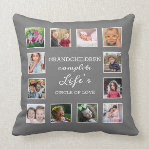 Custom 12 Photo Collage Grandchildren Quote Grey Throw Pillow