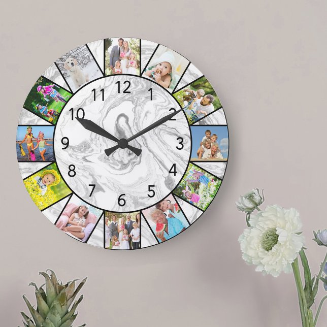 Custom 12 Photo Collage Grey White Marble Round Large Clock (Photo clock with 12 photos, one at each hour. Great design for your home or a thoughtful photo gift.)