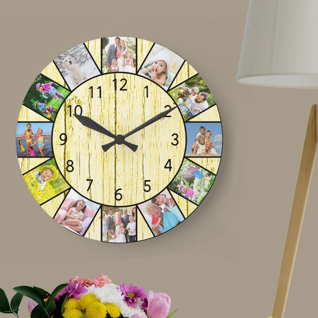 Custom 12 Photo Collage Rustic Cream Wood Round Large Clock (Photo clock with 12 photos, one at each hour. Great design for your home or a thoughtful photo gift.)