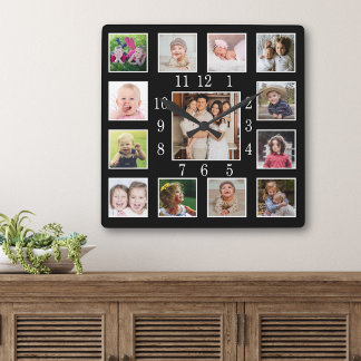 Custom 13 Family Photo Collage Keepsake Black Square Wall Clock
