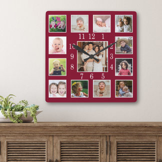 Custom 13 Family Photo Collage Keepsake Burgundy Square Wall Clock
