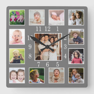 Custom 13 Family Photo Collage Keepsake Gray Square Wall Clock