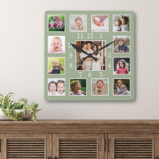 Custom 13 Family Photo Collage Keepsake Sage Green Square Wall Clock