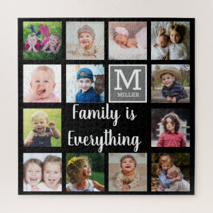 Custom 13 Photo Collage Family Monogram Jigsaw Puzzle