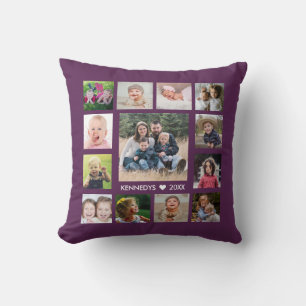 Custom 13 Photo Collage Family Names Plum Purple Throw Pillow