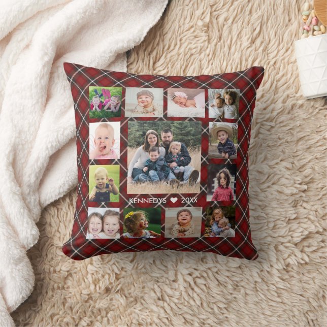 Custom 14 Photo Collage Family Name Red Plaid Throw Pillow (Blanket)