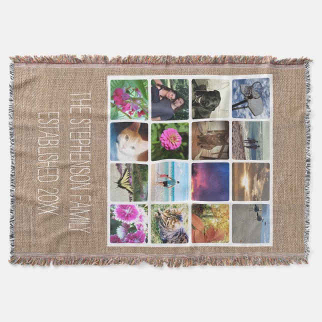 Custom 16 Photo Collage Burlap-Look Mosaic Picture Throw Blanket (Front)
