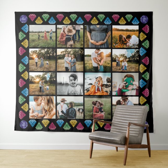 Custom 16-Photo Collage Diamond Jumbo Wall Hanging Tapestry (In Situ (Horizontal))