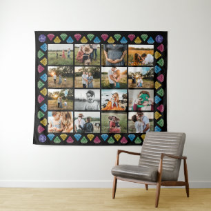 Custom 16-Photo Collage Diamond Large Wall Hanging Tapestry