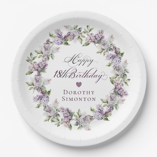Custom 18 Birthday Purple Lilac Spring Flower Paper Plate (Front)