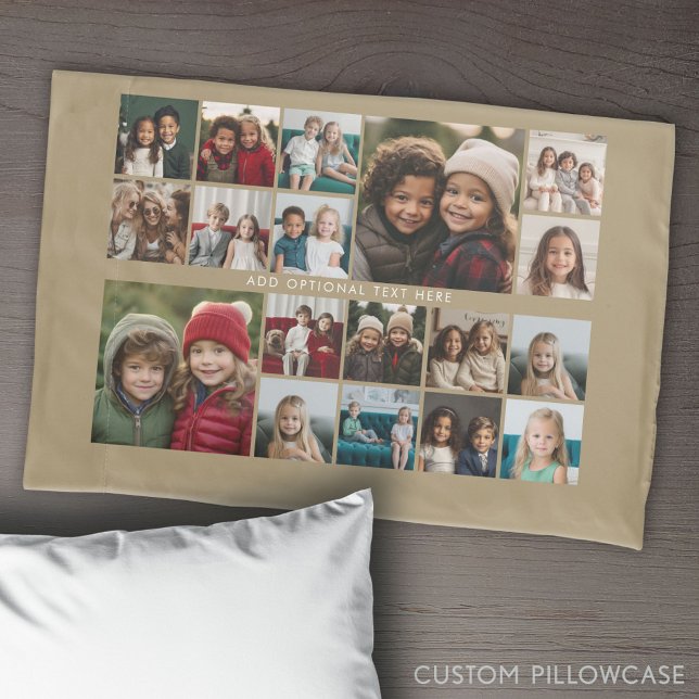 Custom 18 Photo Collage - beige - white text Pillowcase (Create Your Own Photo Collage Pillowcase)