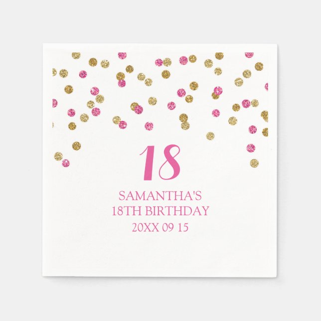 Custom 18th Birthday Napkin Fuchsia Gold Confetti (Front)