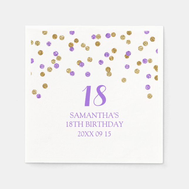 Custom 18th Birthday Napkin Gold Purple Confetti (Front)