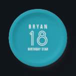 Custom 18th Year Birthday Custom Colour V14M Paper Plate<br><div class="desc">Custom 18th Year Birthday Custom Colour V14M AQUA BLUE and WHITE. Create Your Own Custom Paper Plate! You can change the background colour or the text colours for a different look. Personalize with a name, monogram, or sentiment, or add a photo. You can delete the existing image and/or text fields...</div>