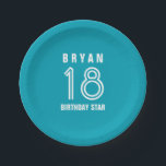 Custom 18th Year Birthday Custom Colour V14M Paper Plate<br><div class="desc">Custom 18th Year Birthday Custom Colour V14M AQUA BLUE and WHITE. Create Your Own Custom Paper Plate! You can change the background colour or the text colours for a different look. Personalize with a name, monogram, or sentiment, or add a photo. You can delete the existing image and/or text fields...</div>