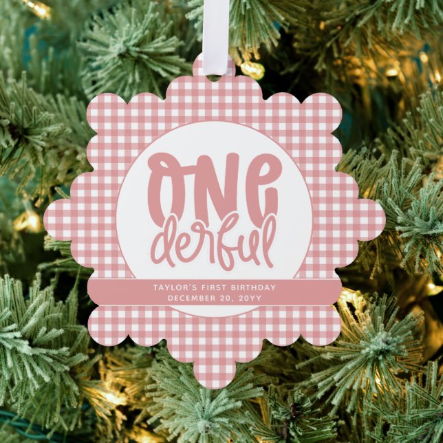 Custom 1st Birthday Cute Pastel Pink Onederful Ornament Card (Insitu (Tree))