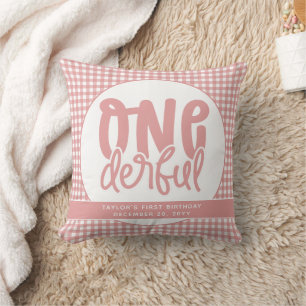 Custom 1st Birthday Cute Pastel Pink Onederful Throw Pillow