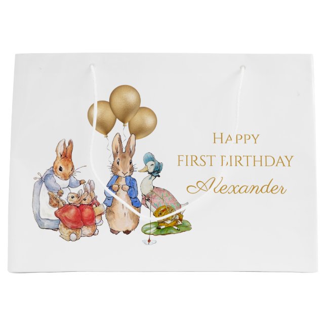 Custom 1st Birthday Peter and Josephine bunny Large Gift Bag (Front)