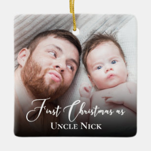 Custom 1st Christmas As Uncle 2 Photo White Script Ceramic Ornament