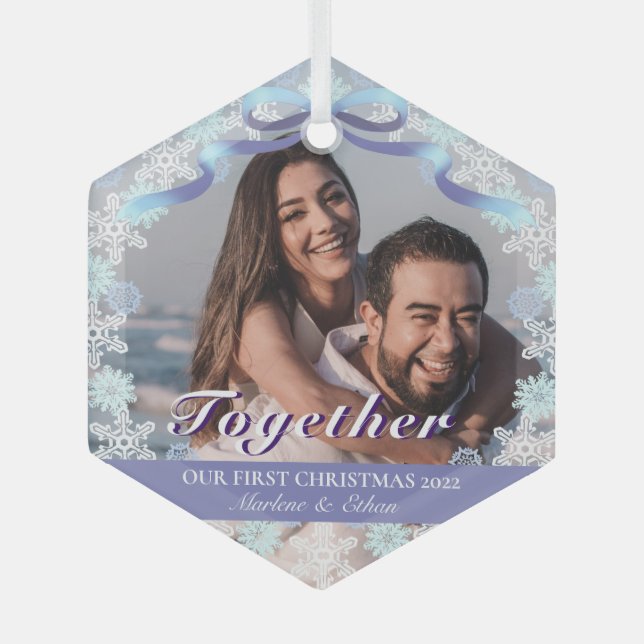 Custom 1st Married Xmas Light Purple Blue Tone Glass Ornament (Front)