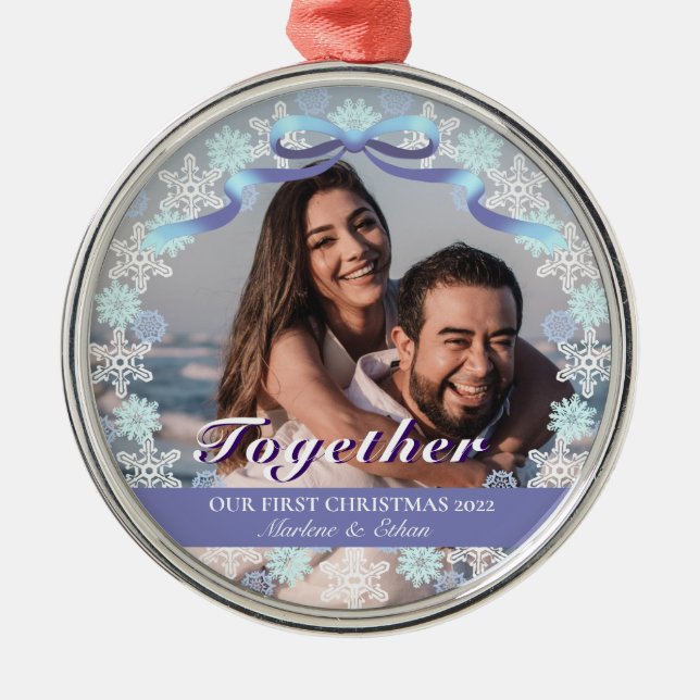 Custom 1st Married Xmas Light Purple Blue Tone  Metal Ornament (Front)