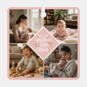 Custom 1st Mother's Day Photo Collage Pink Floral Metal Ornament