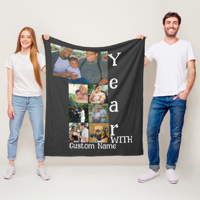 Custom 1st wedding anniversary 7 photo collage fleece blanket (In Situ)