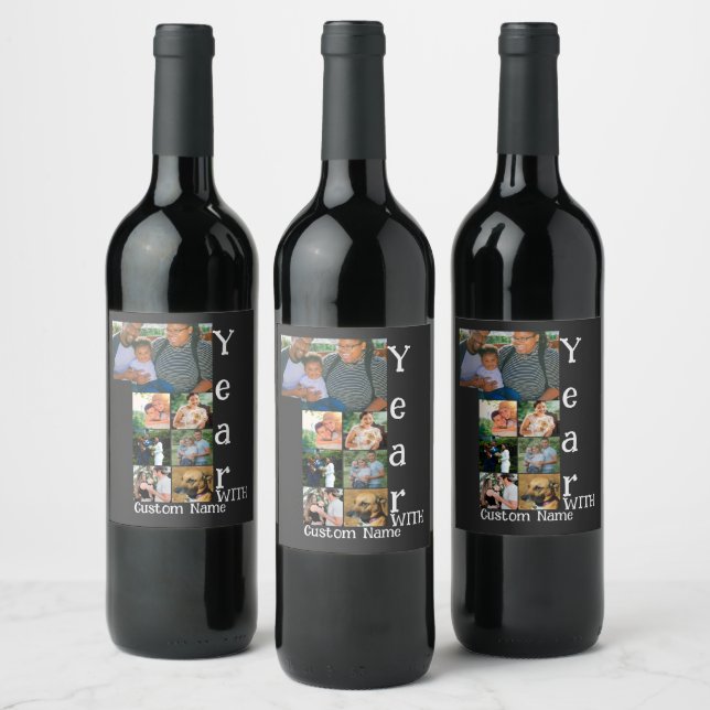 Custom 1st wedding anniversary 7 photo collage wine label (Bottles)