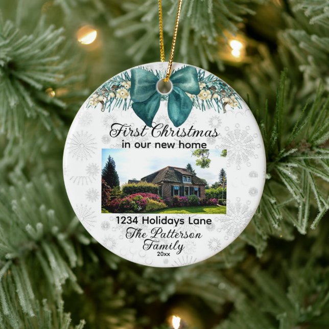 Custom 1st Xmas New Home Photos Street Address Ceramic Ornament (Tree)