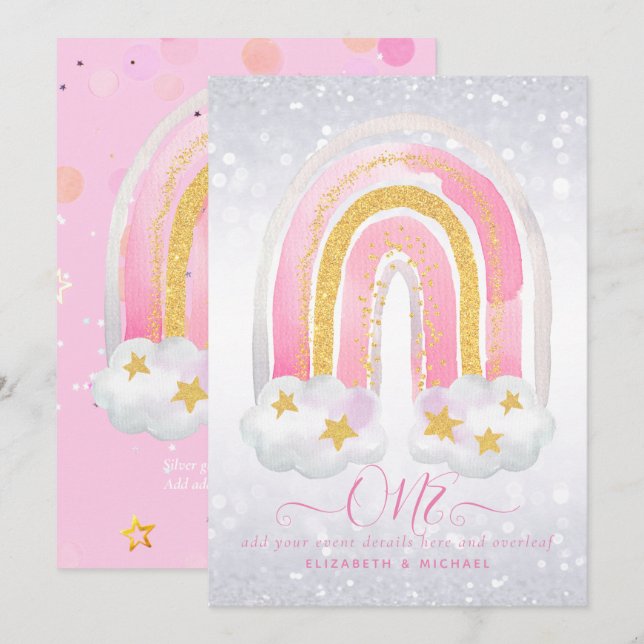 CUSTOM 1stBIRTHDAY Girly PInk Gold Glitter Rainbow (Front/Back)