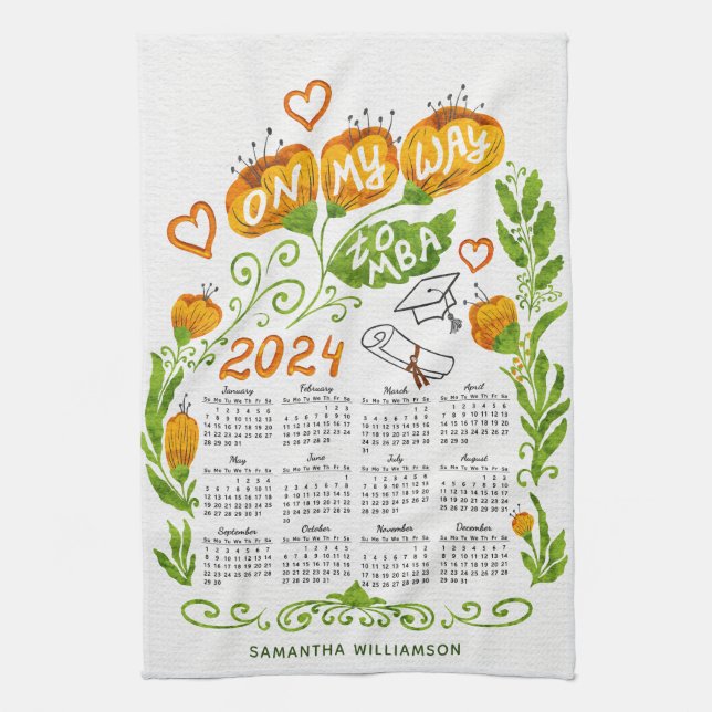 Custom 2024 Calendar MBA Student Orange Floral Kitchen Towel (Vertical)