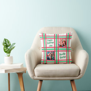 Custom 2025 Red Green Plaid Family Photo Throw Pillow