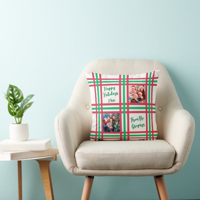 Custom 2025 Red Green Plaid Family Photo  Throw Pillow (Chair)