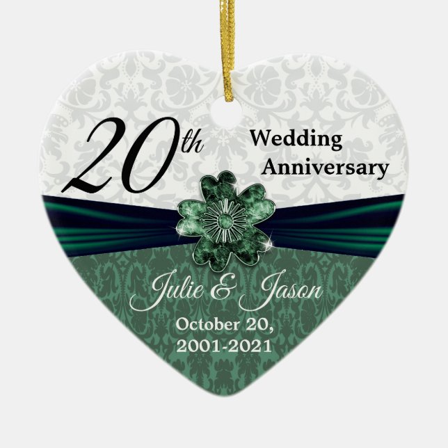 Custom - 20th Emerald Damask Wedding Anniversary Ceramic Ornament (Front)
