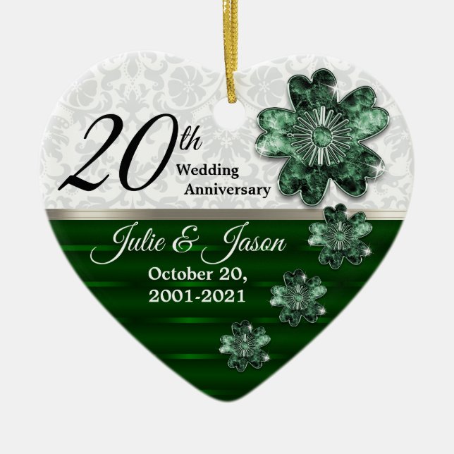 Custom - 20th Emerald Jewel Damask  Anniversary Ceramic Ornament (Front)