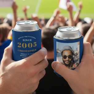 Custom 21st Birthday Blue Gold With Photo Can Cooler