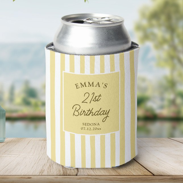 Custom 21st Birthday Cute Yellow Striped Party Can Cooler (Creator Uploaded)