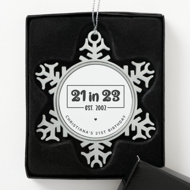 Custom 21st Birthday Gift 21 in 23 Est 2002 Snowflake Pewter Christmas Ornament (Box)