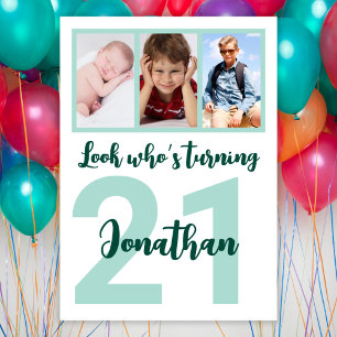 Custom 21st Birthday Green Script Photo Collage Invitation