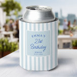 Custom 21st Birthday Preppy Blue Striped Party Can Cooler<br><div class="desc">Celebrate a milestone birthday in timeless, preppy style. This elegant 21st birthday can cooler features soft blue vertical stripes and classic typography, personalized with a name, age, location, and date. Perfect for chic birthday parties, bachelorette weekends, girls trips or destination celebrations, it keeps drinks cold while doubling as a stylish...</div>