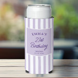 Custom 21st Birthday Preppy Purple Striped Party Seltzer Can Cooler<br><div class="desc">Celebrate a milestone birthday in timeless, preppy style. This elegant 21st birthday can cooler features soft lavender and purple vertical stripes and classic typography, personalized with a name, age, location, and date. Perfect for chic birthday parties, bachelorette weekends, girls trips or destination celebrations, it keeps drinks cold while doubling as...</div>