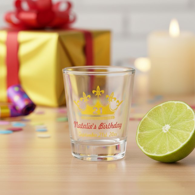 Custom 21st Birthday Shot Glass With Golden Crown (Personalized 21st birthday shot glass! Custom name and date.)