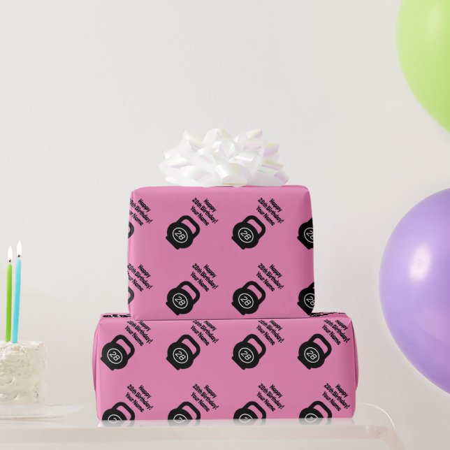 Custom 28th Birthday party gym kettlebell pink Wrapping Paper (Party Gifts)
