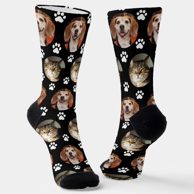  Custom 2 Pet Photo Black Paw Prints Socks (Angled)